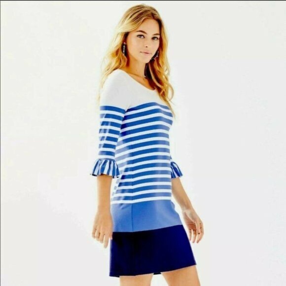 Lilly Pulitzer Sophie Blue Striped Ruffle Bell Sleeve Knit Dress - size XS - Picture 2 of 8